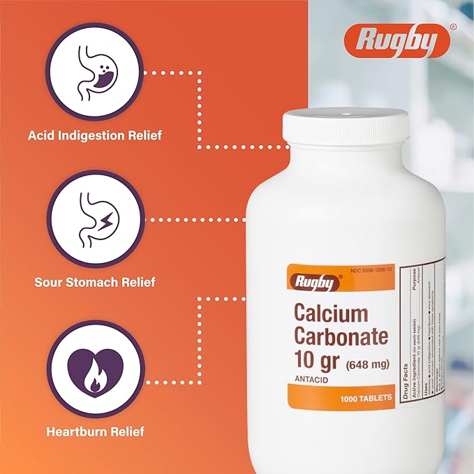 Rugby Calcium Carbonate 10 gr (648 mg) - Antacid - 1000 Tablets (1 Pack)