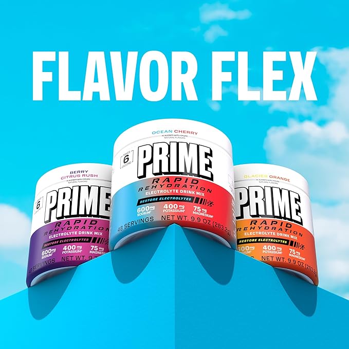 Prime Rapid Rehydration Electrolyte Powder Berry Citrus Rush Sugar Free Hydration Drink Mix with Sodium Potassium Magnesium &amp B Vitamins to Replenish Fluids Caffeine Free 6 Gallon Tub 48 SR