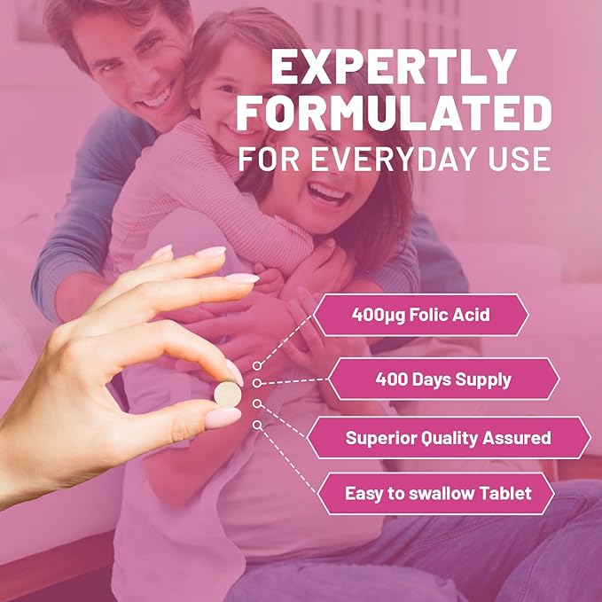 Folic Acid Tablets 400 mcg - 400 Vegan Vitamin B9 Tablets | 13 Month Supply | Vitamin B9 Pregnancy Care | Normal Function of Immune System &amp Maternal Tissue Growth During Pregnancy | UK Made – Pro
