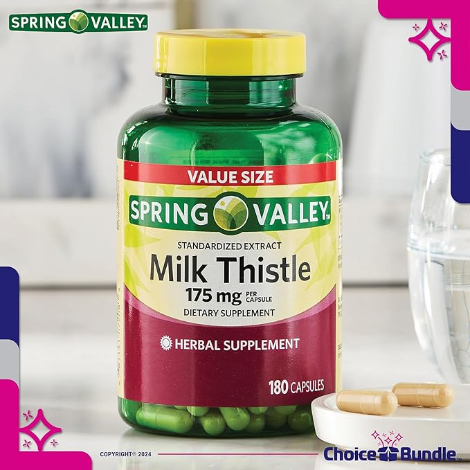 CHOICE BUNDLE Spring Valley Standardized Extract Milk Thistle Dietary Supplement Capsules 175 mg 180 Ct 4 pk (720 Total) + Vitamin Guide and Pill Container (6 Items)!