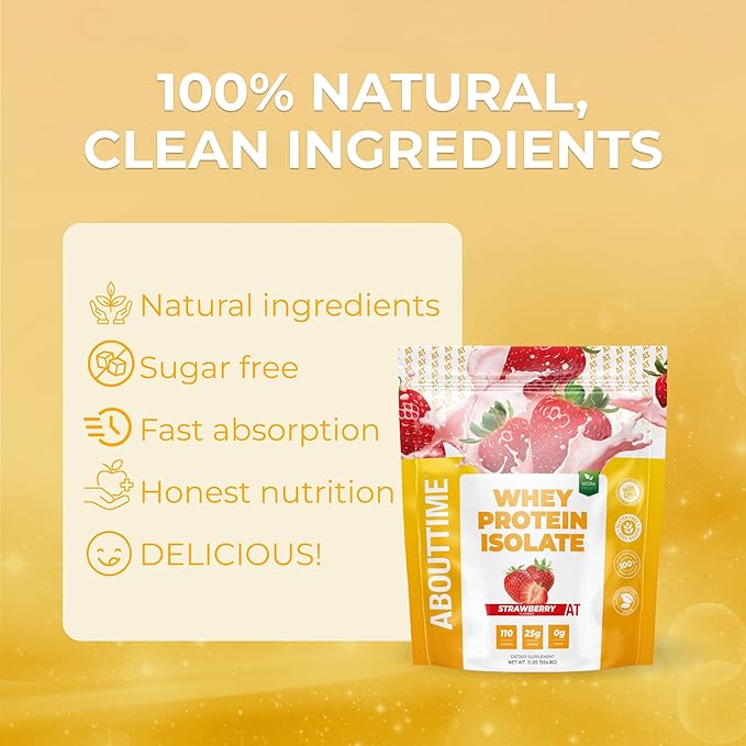 About Time Whey Protein Isolate Powder 25g Strawberry Natural Ingredients Non-GMO Gluten-Free Lactose-Free Zero Sugar Low Carb 32 Servings