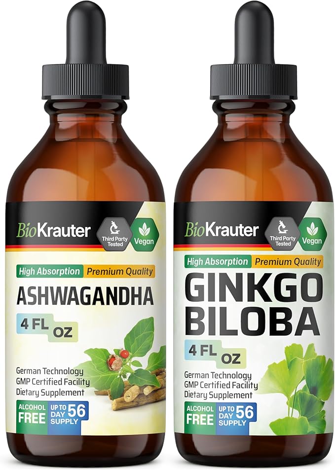 BIO KRAUTER Ashwagandha Tincture 4 Fl. Oz. &amp Ginkgo Biloba Tincture 4 Fl. Oz.