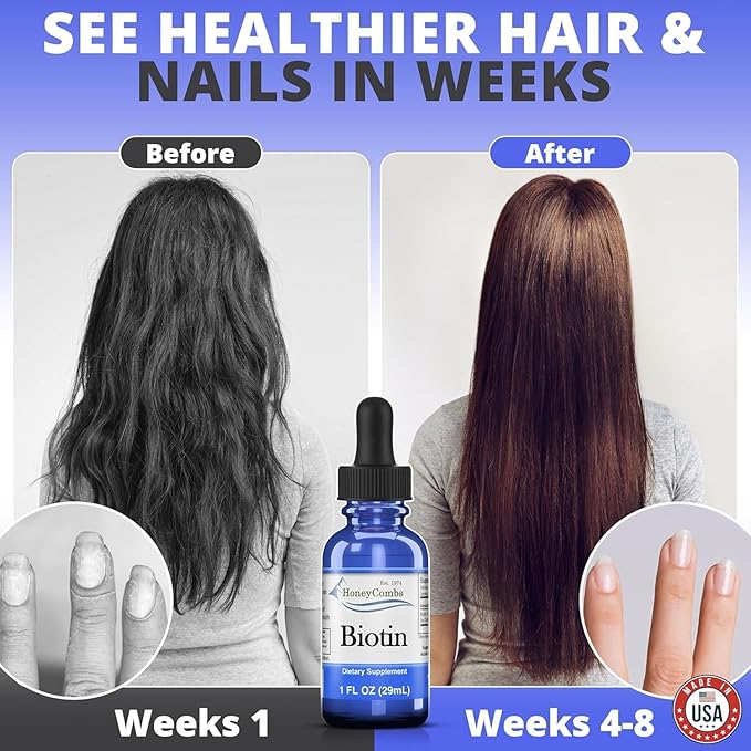 HoneyCombs Liquid Biotin for Hair Growth Drops High Potency Biotin Liquid Vitamin B7 500 Percent DV Vegan Sublingual Biotin Liquid Drops for Adults and Kids 36 Serving Bottle Made in USA