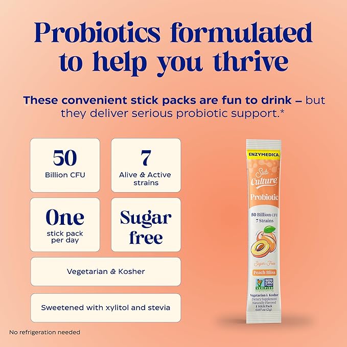 Enzymedica SubCulture Peach Bliss Probiotic Powder Daily Drink Supports Gut Health &amp Immune Function Probiotics for Women and Men Sugar-Free 20 Stick Packs