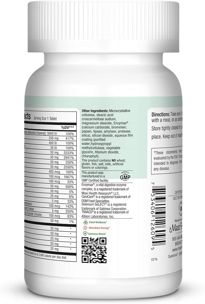 MaxiVite - No Iron - One a Day Multi Vitamin 90 Tabs - Gluten Free - Kosher
