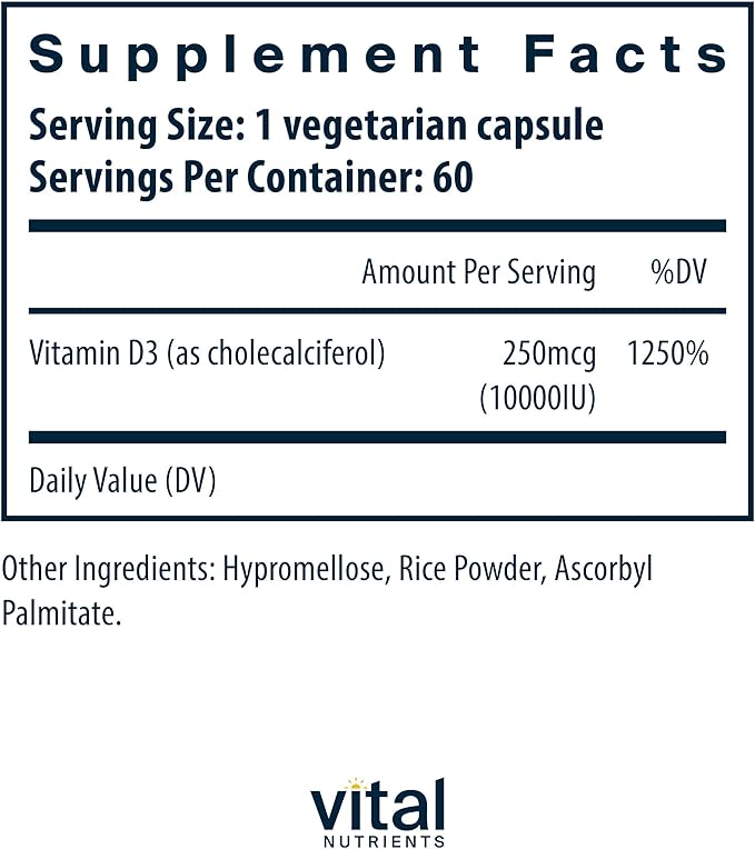 Vital Nutrients Vitamin D 10000 IU - Vitamin D3 Supplement - Healthy Bones Teeth Muscles*- Cellular &amp Immune Function - Calcium Absorption - Gluten Dairy and Soy Free - 60 Capsules