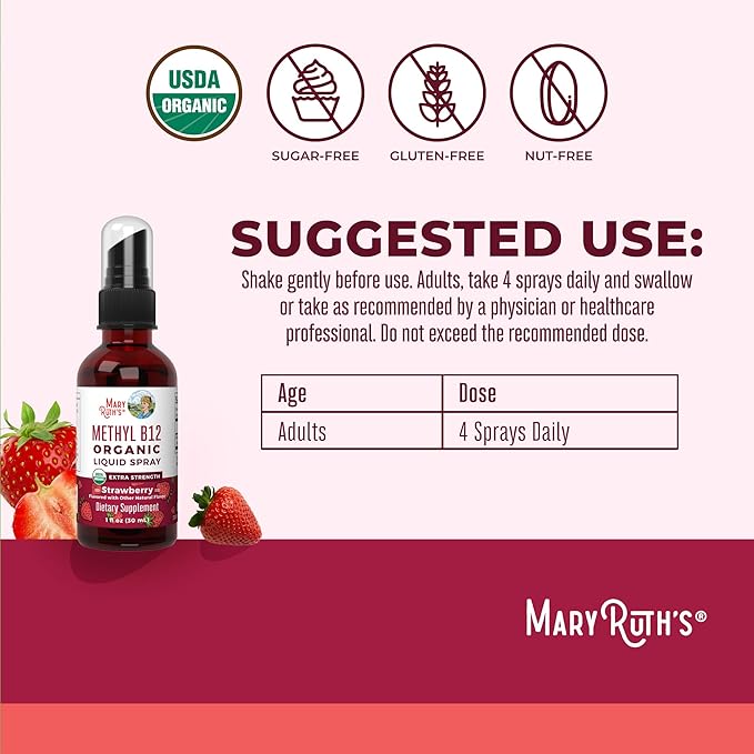 MARYRUTH'S Vitamin B12 Liquid Spray | Vegan Non-GMO Gluten-Free | USDA Organic Supplement | Energy &amp Nervous System Support | B12 Vitamins for Women &amp Men | 720 mcg | 1 Fl Oz