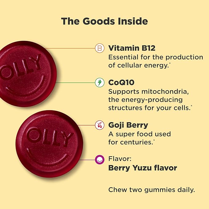 OLLY Extra Strength Daily Energy Gummy Caffeine Free 1000mcg Vitamin B12 CoQ10 Goji Berry &amp Metabolism Gummy Rings Apple Cider Vinegar Vitamin B12 Chromium Energy and Digestive Health