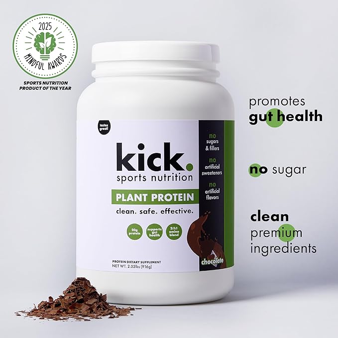Kick Plant Protein Powder Chocolate Flavor 20 G Protein Gluten Free Workout Supplement with Aminos Acids to Support Fitness Goals &amp Gut Health No Sugar No Artificial Flavors 28 Servings