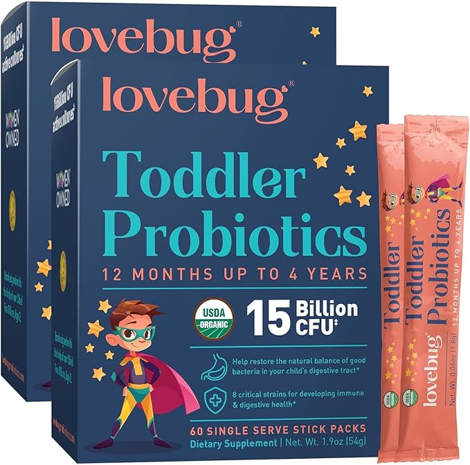 LOVEBUG Kids Probiotic Powder with Prebiotic Fiber - Toddler Immunity Support &amp Constipation Relief - USDA Organic Probiotics for Childrens Gut &amp Digestive Health (Ages 1-4) - 60 Pack (Unflavo