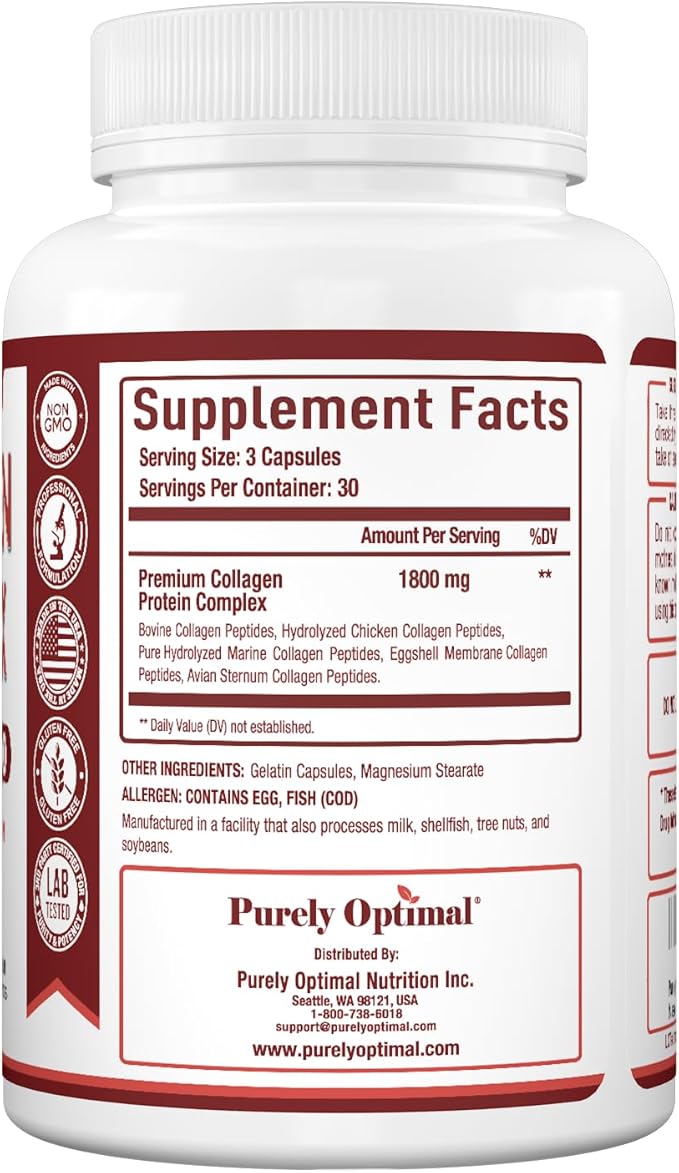 Purely Optimal Premium Multi Collagen Peptides Capsules (Types I II III V X) - Hair Skin and Nails Digestive &amp Joint Health Supplement Hydrolyzed Collagen Pills (90 Capsules)