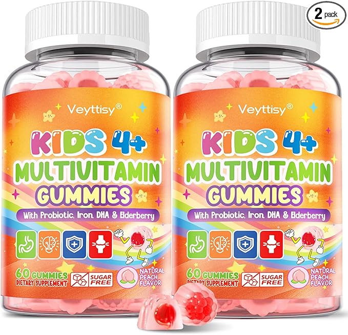 Sugar Free Kids Multivitamin Gummies - Kids Vitamins with Iron Probiotics &amp Omega-3 for Healthy Growth - Plus Elderberry Vitamin C D3 &amp Zinc for Immunity - Ages 4-12 Natural Peach Flavor