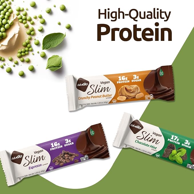 NuGo Slim Vegan Variety - Crunchy Peanut Butter 12 bars &amp Chocolate Mint 12 bars Low Net Carb Keto Friendly 16-17g Plant Based Protein Gluten Free 24 count
