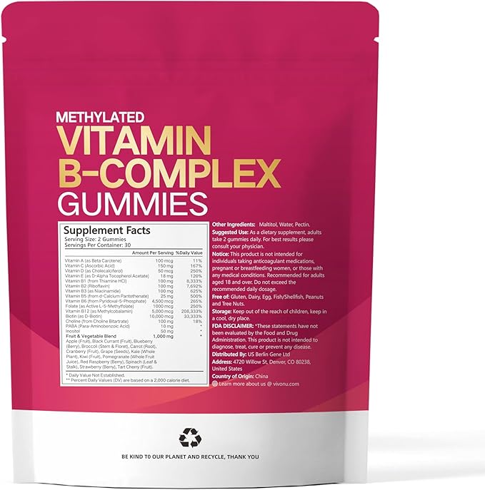 VivoNu Vitamin B2 Gummies with Methylfolate Vitamins B12 B6 B1 B3 B5 A C D E Complex Vitamin B for Energy Natural Ingredient Sugar Free &amp Non GMO