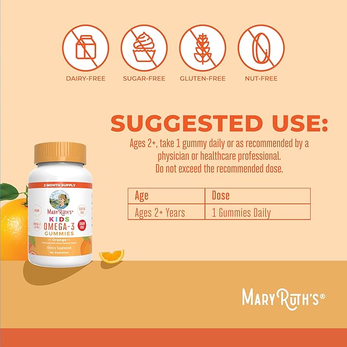 MaryRuth Organics Vegan Omega 3 Gummies for Kids 2+ 2 Month Supply Sugar Free Omega 3 Supplement with Vitamin C Flaxseed Oil Immune Support Essential Nutrient ALA No Fish Taste 60 Count