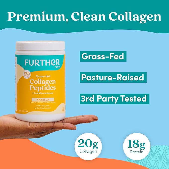 Further Food Vanilla Collagen Peptides Powder with Tremella Mushroom – 100% Grass-Fed Hydrolyzed Type 1 &amp 3 20g of Collagen per Serving Supports Skin Hair Nails &amp Joints 22.22 Oz