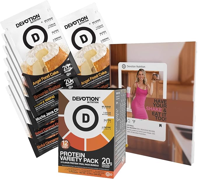 Devotion Nutrition Protein Powder Variety Pack + Cookbook – 6 Flavors of Protein Powder &amp Recipe Book for Shakes Baking &amp Healthy Treats