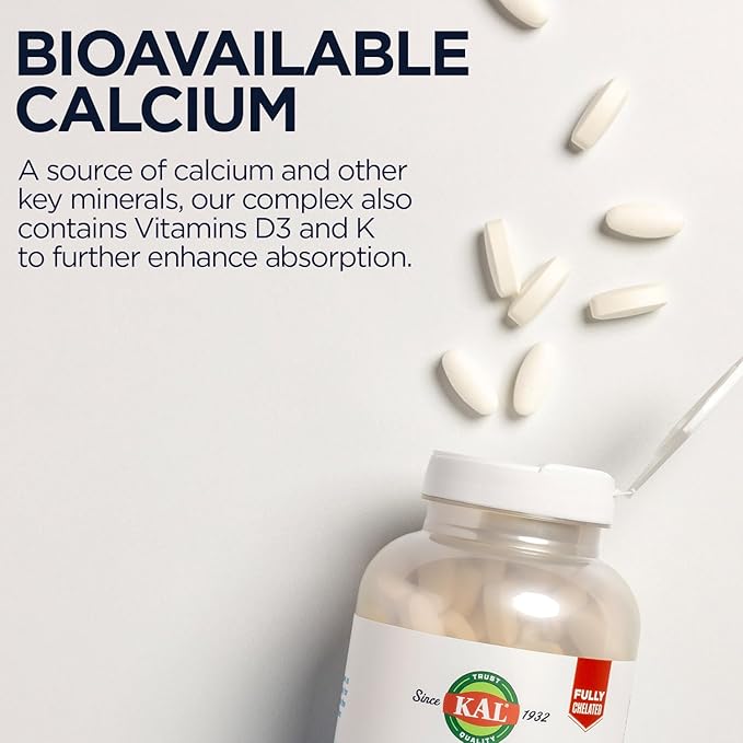 KAL Bone Meal Tablets Calcium Supplement w/Magnesium Vitamin D3 and K Bone Health Muscle and Nerve Function Support Rapid Disintegration Gluten Free Non-GMO 60-Day Guarantee 125 Serv 250ct