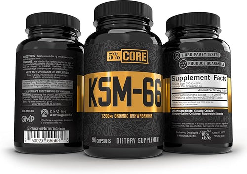 5% Nutrition Core KSM-66 Ashwagandha | 1200mg Organic Ashwagandha Root Powder Extract | High Potency 5% Withanolides (45 Servings 90 Capsules)