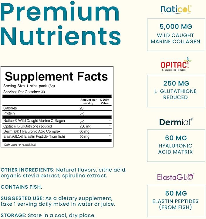 EarthNutri - Wild Caught Marine Collagen Powder - Supplement for Skin Hair &amp Nails - Enhances Skin Elasticity &amp Hydration - Hydrolyzed Collagen Peptides - Non-GMO - Ocean Breeze - 30 Sticks (