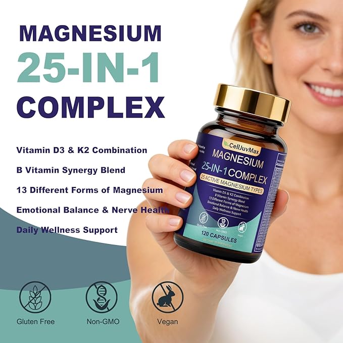 Magnesium 25-in-1 Complex Supplement – 700mg High Absorption Magnesium Glycinate Citrate Malate &amp Taurate Blend for Muscle Nerve Sleep Support – 120 Vegan Capsules for Women &amp Men (1)