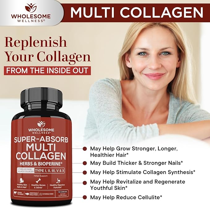 Wholesome Wellness Super-Absorb Multi Collagen Pills (Type I II III V X) Organic Herbs &amp Bioperine - Hair Skin Nails - Hydrolyzed Peptides Protein Supplement for Women &amp Men (90 Capsules)