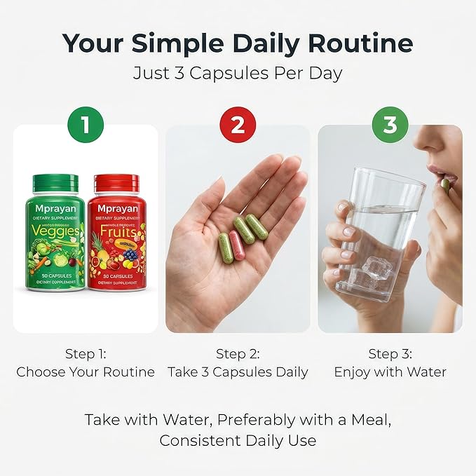 Fruit and Veggie Superfood for Natural Energy &amp Immune Support | 30+ Whole Foods Vegan Non-GMO | 90 Fruit + 90 Veggie Capsules – 30-Day Supply (2-Bottle Set)