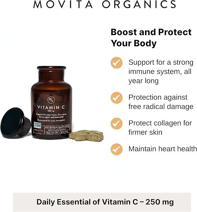 Movita Organic Vitamin D3 2500IU Bottle Fermented Vitamin C 250mg Bottle