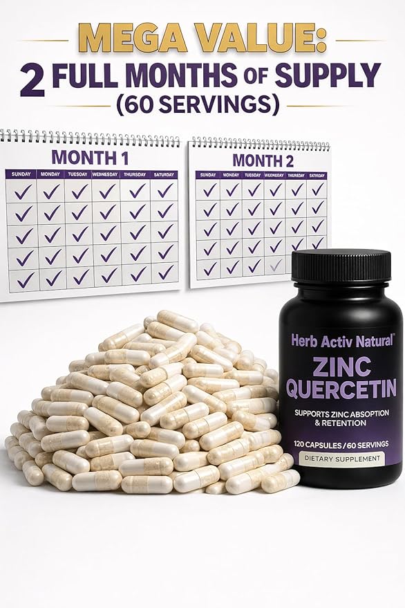 Zinc with Quercetin 800 mg - Supports Mineral Absorption &amp Retention - Chelated Zinc Monomethionine - Non GMO Gluten Free - 120 Capsules