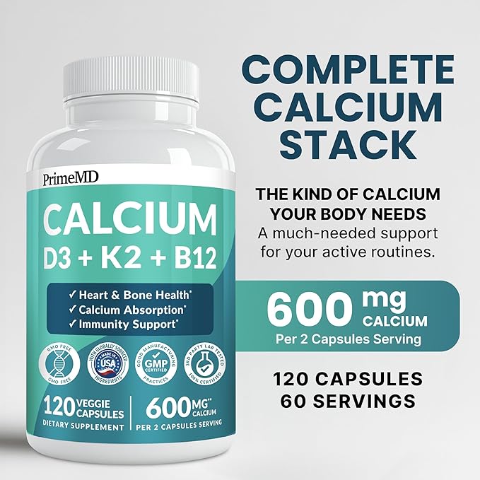 4-in-1 Calcium Supplements for Women and Men - Calcium with Vitamin D3 K2 5000 IU Supplement 600mg per Serving - Gluten-Free Vegan-Friendly (120 ct)