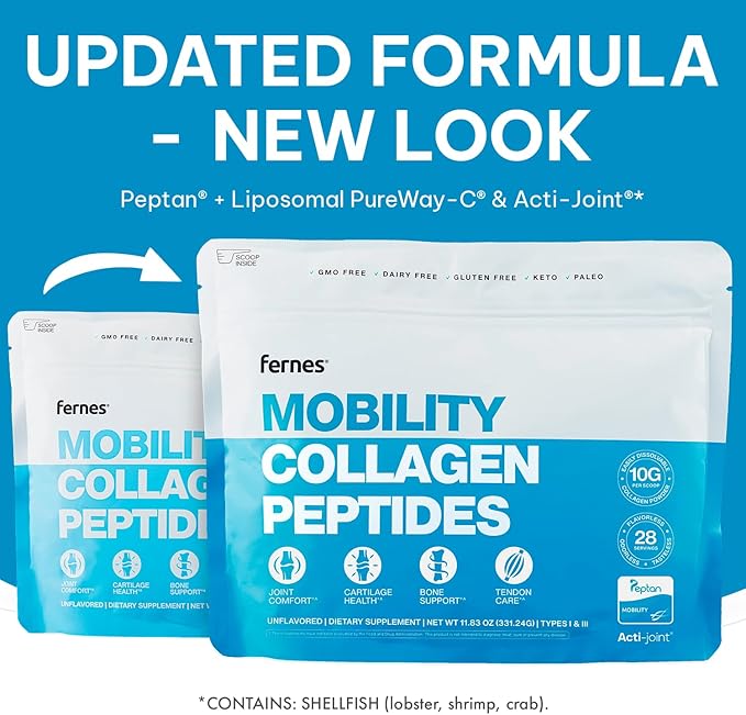 Mobility Collagen Peptides Powder - Glucosamine Chondroitin Hyaluronic Acid &amp Liposomal Vitamin C Join Bone &amp Cartilage Support Grass-Fed Type I &amp III Keto &amp Paleo 56 Servings 23.66