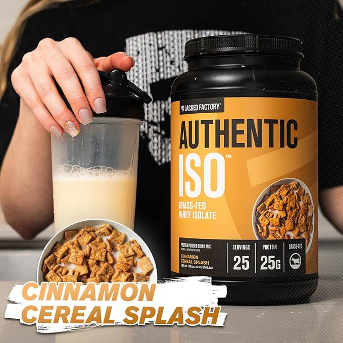 Jacked Factory Authentic ISO Grass Fed Whey Protein Isolate Powder - Low Carb Non-GMO Muscle Building Protein w/No Fillers Post Workout Recovery Cinnamon Cereal Splash - 25 Servings