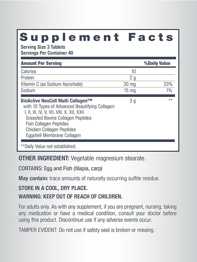 NeoCell Super Multi Collagen Peptides | 120 Tablets | 10 Types of Collagen | Skin Hair and Nails | Beauty Supplement | For Men and Women