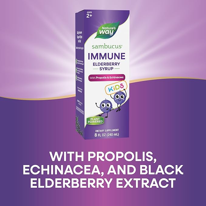 Nature's Way Sambucus Elderberry Immune Syrup for Kids Ages 2+Echinacea &amp Propoliswith Superfood Antioxidants(1)Immune Support Syrup*VegetarianBerry Flavored8 Fl Oz(Pack of 2)