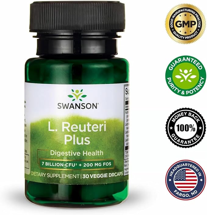 Swanson L. Reuteri Probiotic Plus with L. Rhamnosus L. Acidophilus &amp FOS Prebiotic for Gut-Health-Conscious Adults - 7 Billion CFU (30 Vegan Capsules 4 Pack)