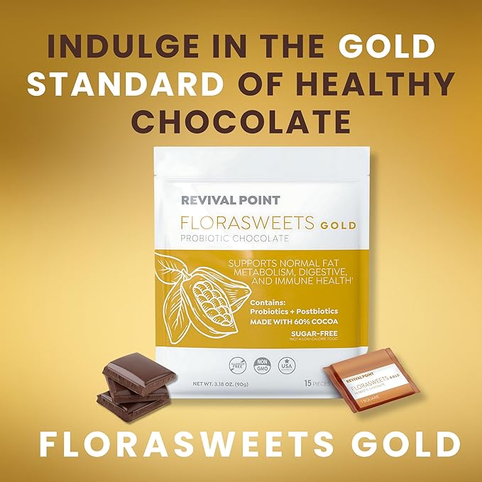 Florasweets Gold Chocolate Bites with Probiotic + Postbiotic Stains DE111 &amp BPL1 - Indivally Wrapped - Supports Digestive &amp Gut Health Bacillus subtilis (3)