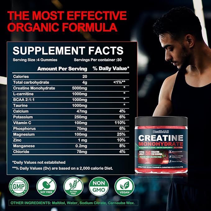 Health4All Creatine Monohydrate Gummies 5g for Men &amp Women Creatine Gummy for Strength Energy &amp Muscle Growth Support Pre-Workout Supplement - Strawberry 120 Gummy