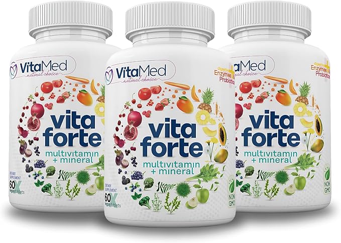 Vita Forte Vegan Multivitamin with Probiotics Digestive Enzymes &amp 42 Fruits &amp Vegetables – Halal Certified Non-GMO Gluten-Free Daily Energy &amp Immune Support – 180 Vegan Tablets