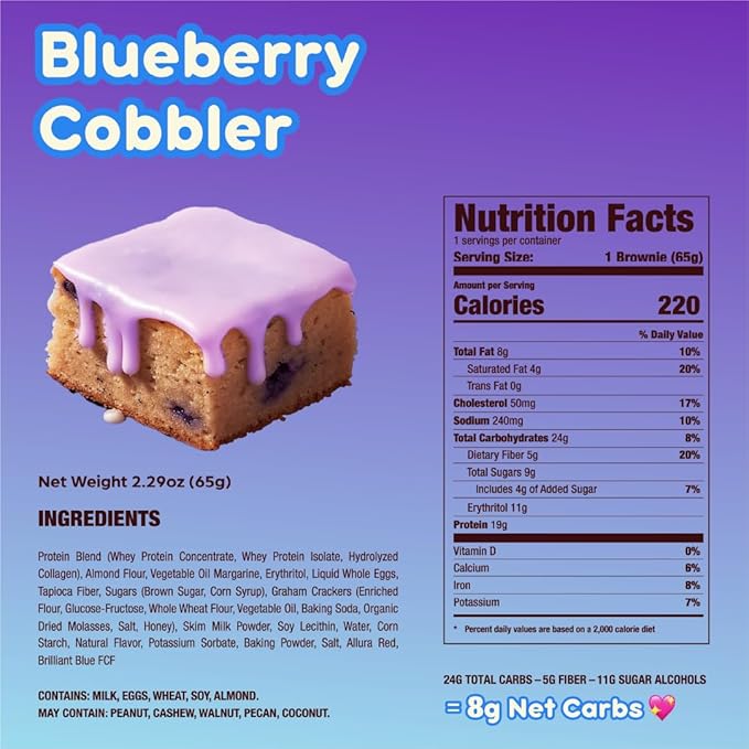 Prime Bites High Protein Brownie (12 Per Box Blueberry Cobbler) - 19g of Protein 5g of Collagen Gluten Free Low Sugar Treat Delicious Protein Snack