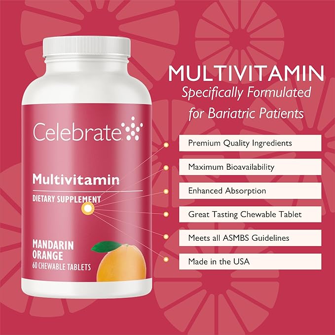 Celebrate Vitamins Bariatric Multivitamin Chewable Iron Free - Post Gastric Bypass &amp Sleeve Gastrectomy Supplement for Men &amp Women - Essential Minerals &amp Vitamin A B D &amp E - Orange