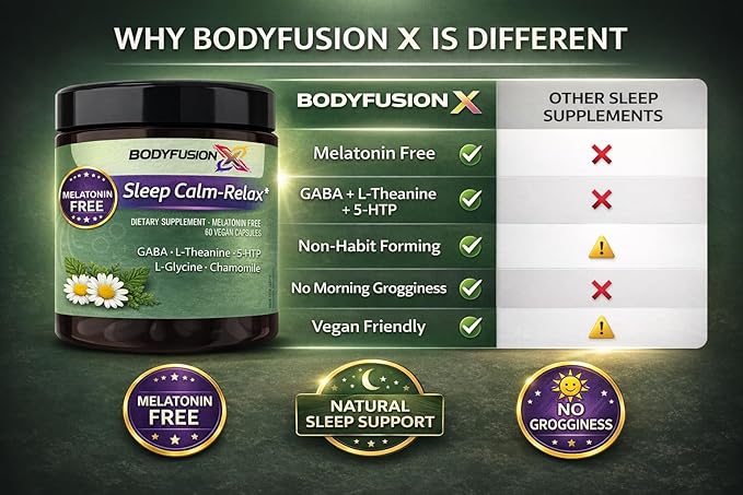 BodyFusionX Sleep Aid for Adults – Melatonin Free Nighttime Stress Support for Deep Rest &amp Next Day Energy – Ashwagandha KSM-66 L-Theanine &amp Lemon Balm – 60 Capsules