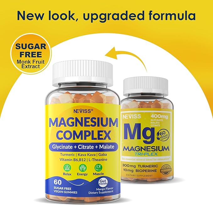 Magnesium Complex Gummies 400mg Magneisum Glycinate Citrate Malate + Turmeric GABA B6 B12 Kava Kava L-Theanine for Sleep Calm Relaxation Energy Magnesium Gummies for Women Men Vegan 60 Cts