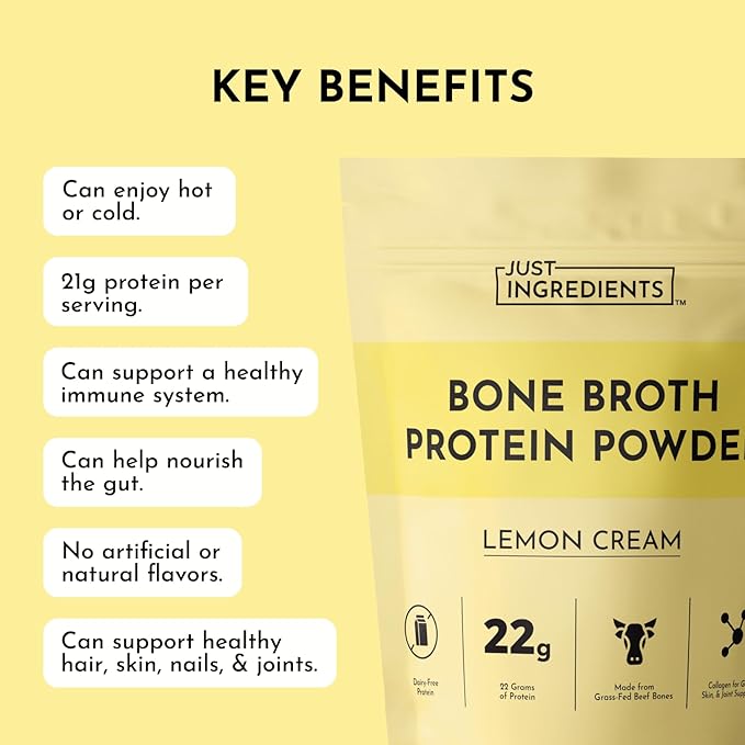 Bone Broth Protein Powder – Lemon Cream | 15 Servings | 21g Grass-Fed Protein per Serving | Dairy-Free | Collagen for Gut Skin &amp Joint Support | Made with Real Food Ingredients