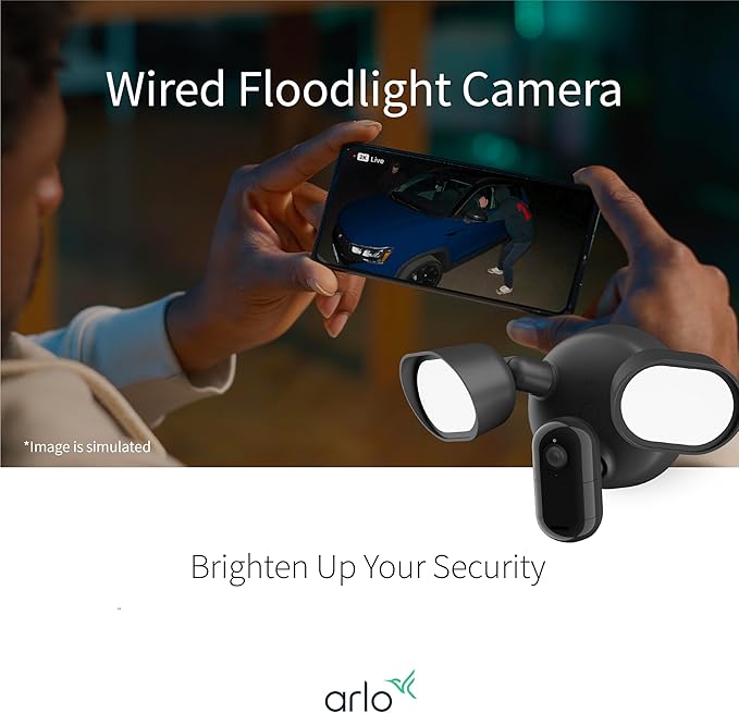 Arlo Wired Floodlight Camera Home Security Camera with 2K Video and HDR 2000 Lumens Integrated Siren Weather-Resistant Color Night Vision 160º Field of View 2-Way Audio Black (2025)