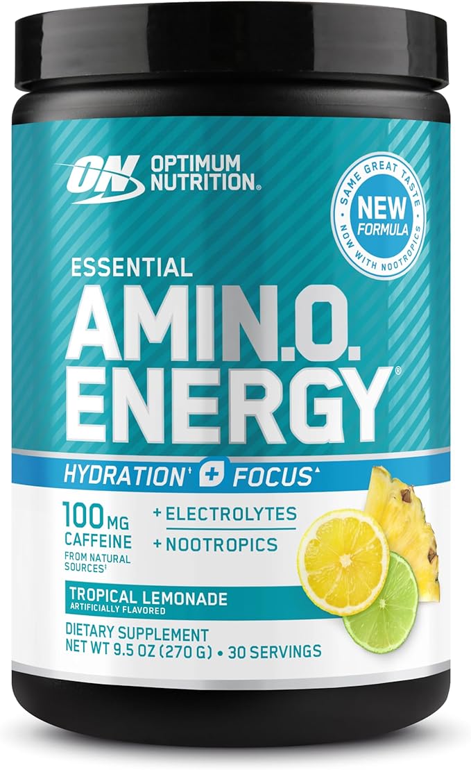 Optimum Nutrition Amino Energy Powder Plus Focus with BCAA Electrolytes and Caffeine Tropical Lemonade 30 Servings (Packaging May Vary)