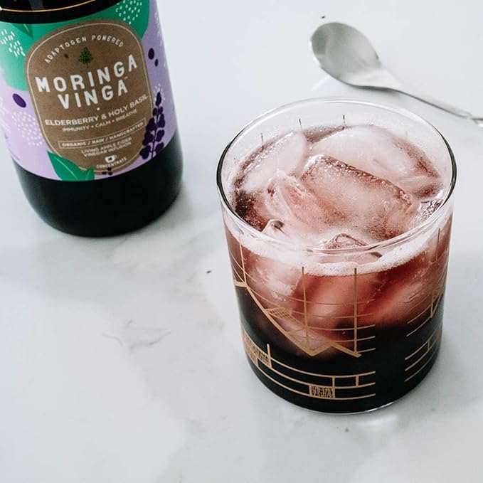 Elderberry &amp Holy Basil Moringa Infusion - Organic Immune Support Respiratory Wellness Stress Relief Herbal Tonic with Apple Cider Vinegar Ginger Hibiscus Honey - 100% Pure Non-GMO 8 oz