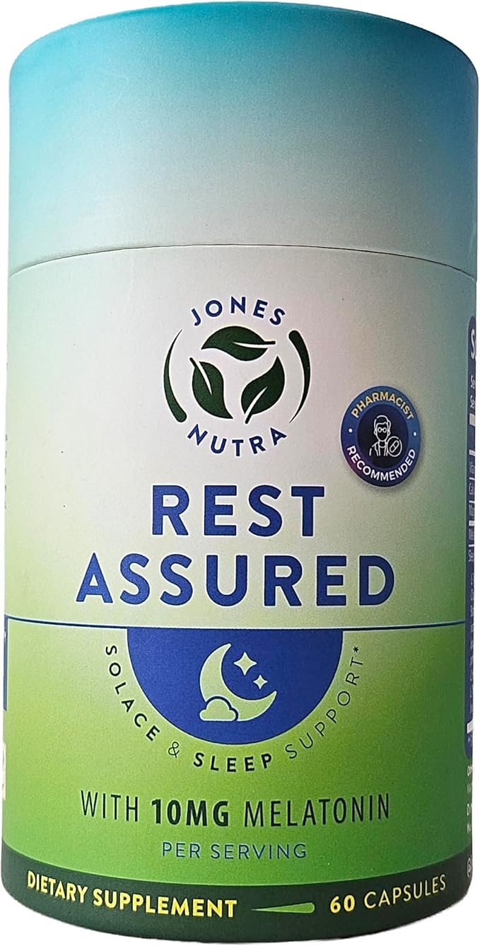 Rest Assured Nighttime Sleep Support Supplement with Melatonin Magnesium Chamomile Passion Flower St John's Wort Ashwaganda L-Theanine L-Taurine Eco-Friendly Packaging 30 day supply