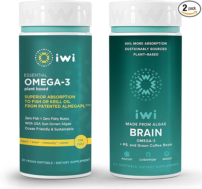 Iwi Omega-3 Essential &amp Brain Omega-3 Bundle 30 Servings Vegan Plant-Based Algae Omega 3 with EPA + DHA Krill &amp Fish Oil Alternative No Fishy Aftertaste