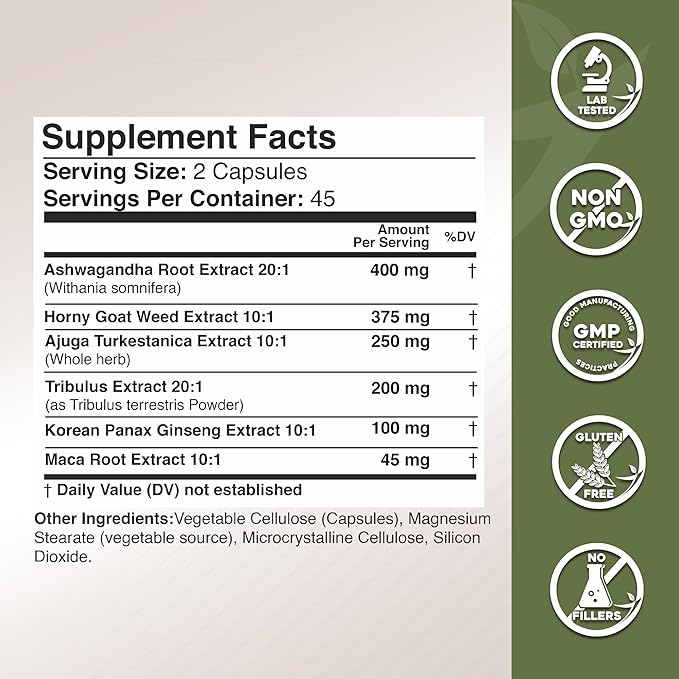 Gade Nutrition Ashwagandha with Maca Root Horny Goat Weed Turkesterone Supplement Tribulus Terrestris Panax Ginseng | 90 Vegetable Capsules for Energy Stamina Performance. | Made in USA