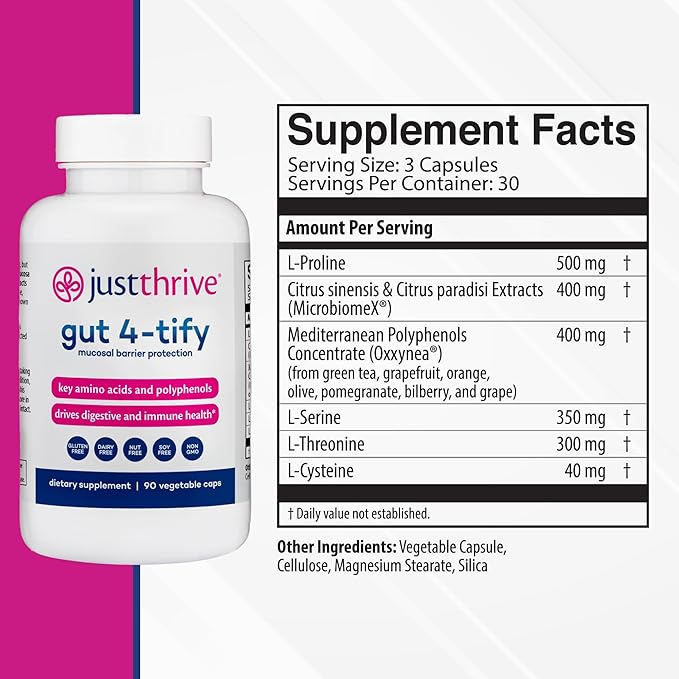 Just Thrive Gut 4-tify - Gut Health Supplements for Women and Men - Anti Bloat 90 Vegetable Capsules